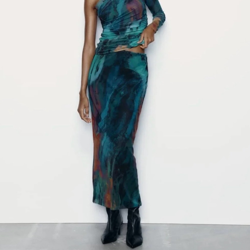 Zara Teal Blue Marble Midi Skirt